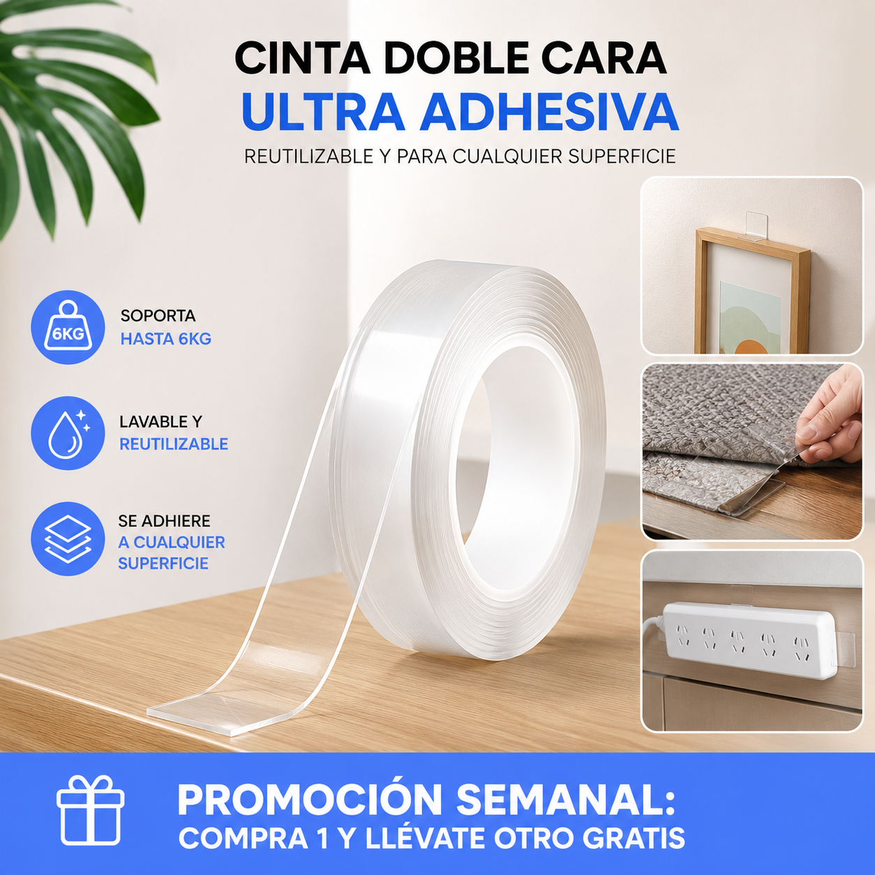 UltraFix - Cinta Doble Cara Ultra Potente y Reusable (3 metros)